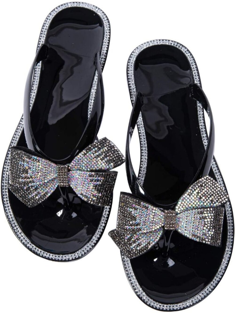 Women's Glitter Black Summer Flip-Flops Jelly Bow Beach Cute Flat Dressy Sandals